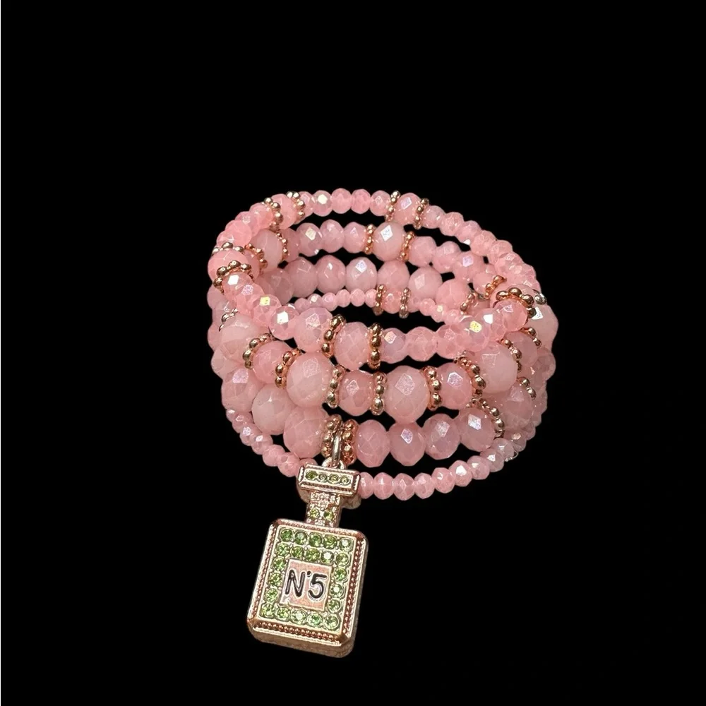Pink Beaded Memory Bracelet with Perfume Bottle Charm - Picture 10 of 10
